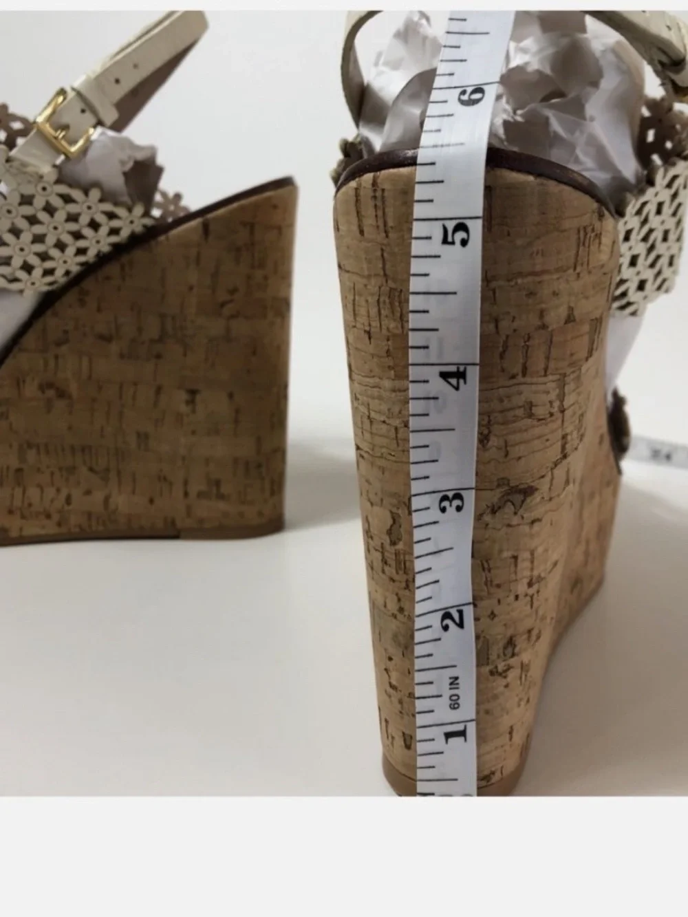 Tory Burch Women Cream Laser-Cut Cork Wedge Sandals. 11